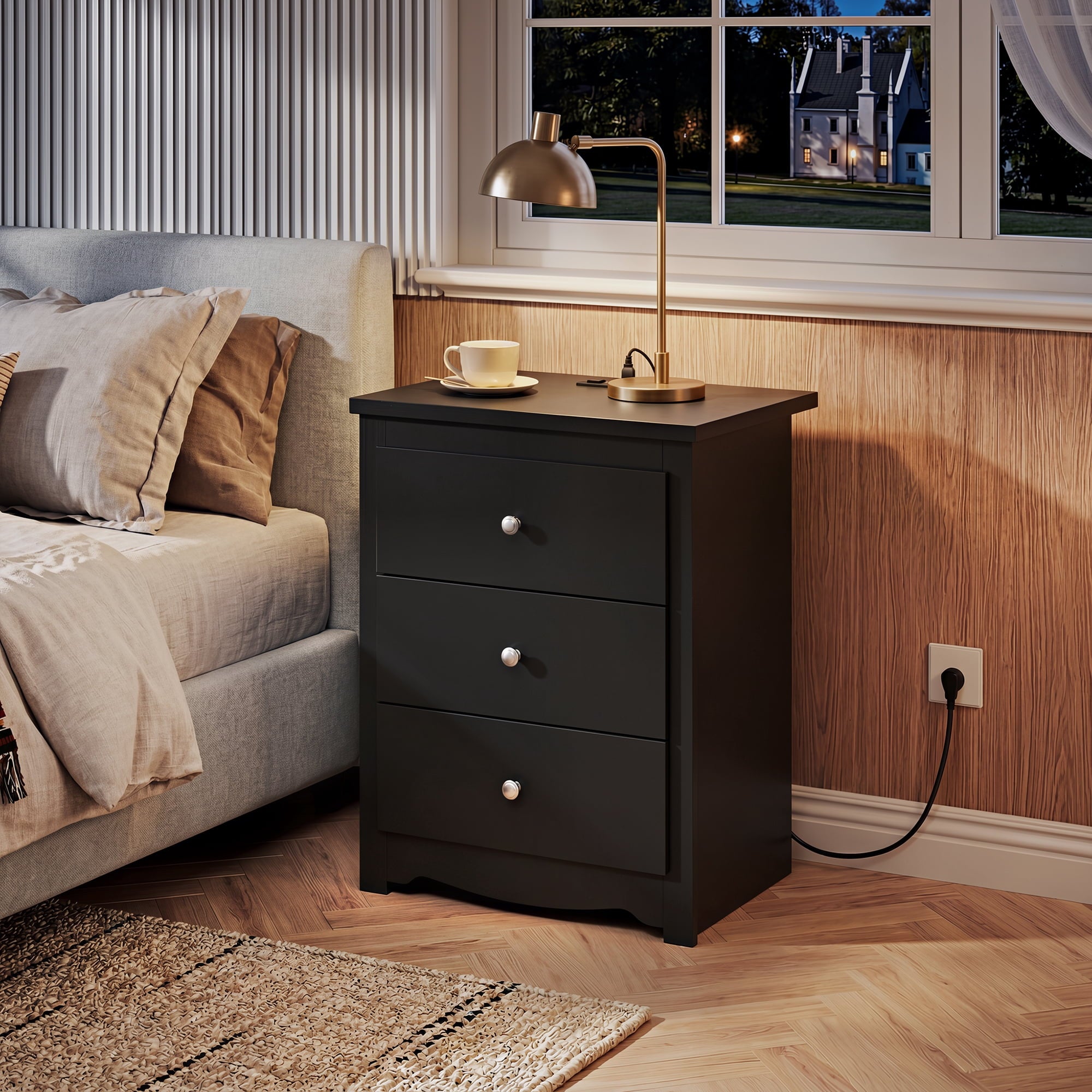 GALAXHERO Tall Nightstand with Charging Station, Nightstand with 3 Drawers, Wood Bedside Table for Bedroom, End Side Table for Living room and Dorm