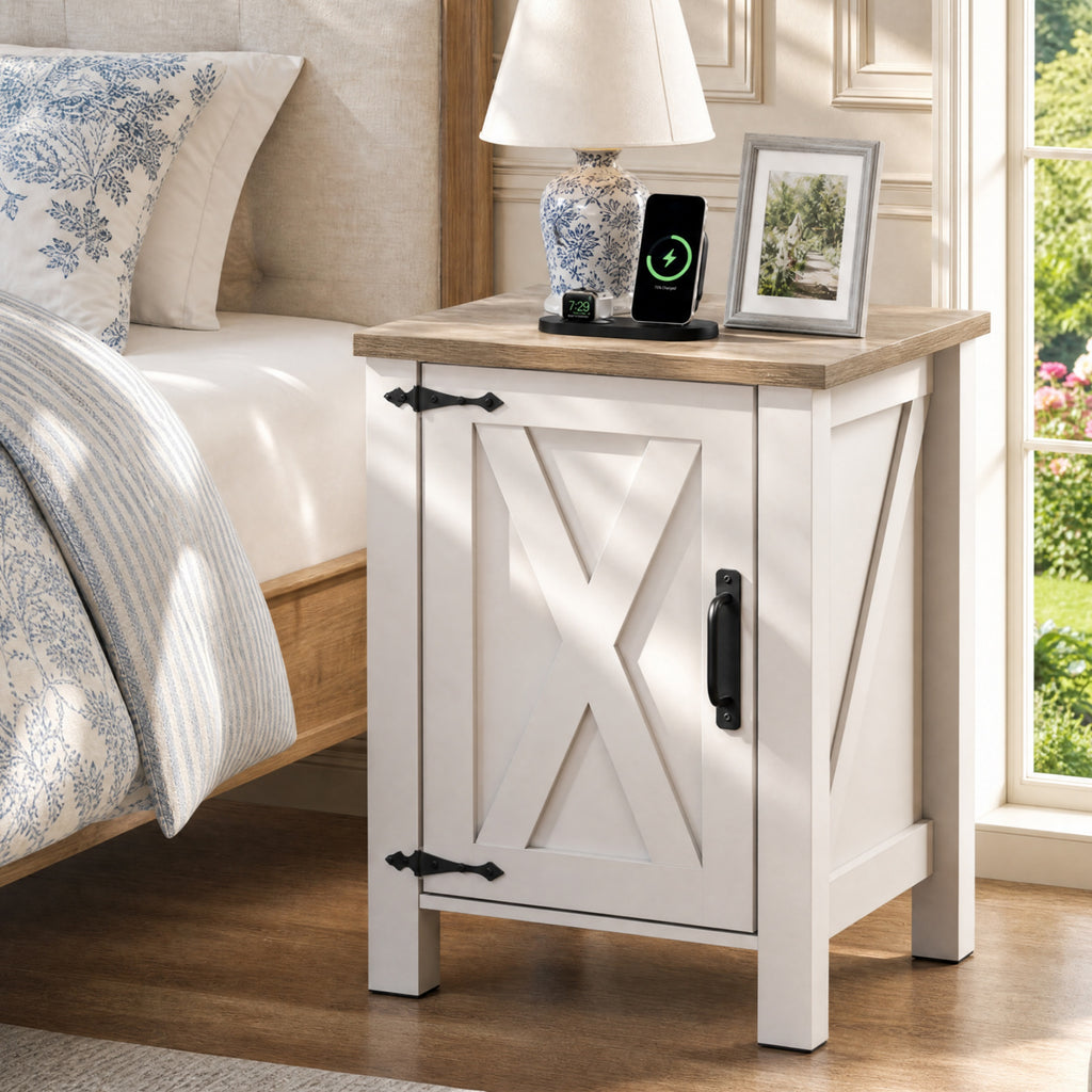 GALAXHERO Narrow Nightstand with Charging Station, Farmhouse Barn Door Wood Bedside Table & End Table with Storage for Bedroom, Living Room,Dorm