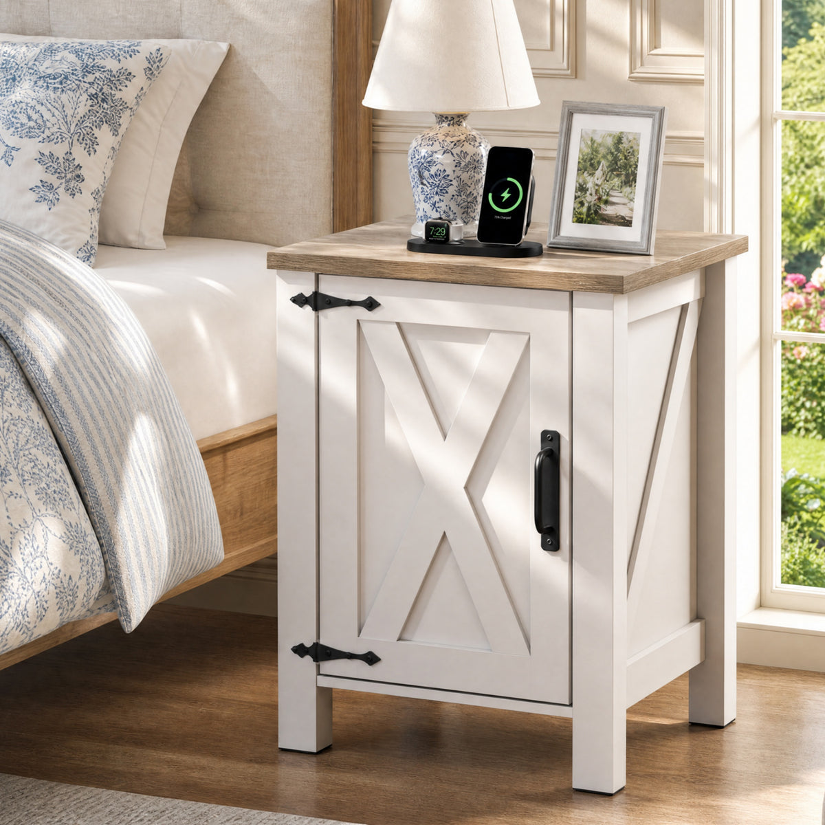 GALAXHERO Narrow Nightstand with Charging Station, Farmhouse Barn Door Wood Bedside Table & End Table with Storage for Bedroom, Living Room,Dorm
