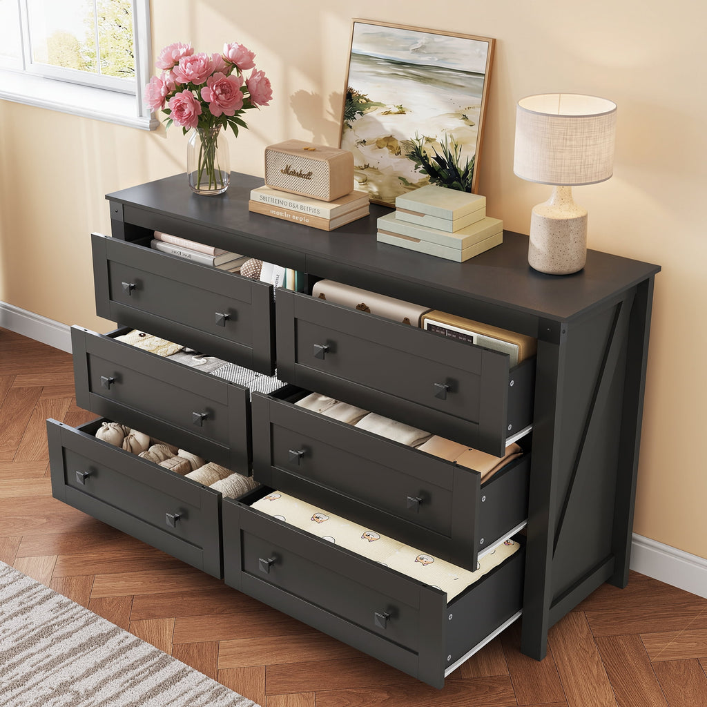 GALAXHERO Farmhouse 6 Drawer Dresser, Wood Dresser with Double Rustic Handles, TV Stand for 60" TV for Living Room, 53.07'' Wide Chest of Drawers for Bedroom, Hallway