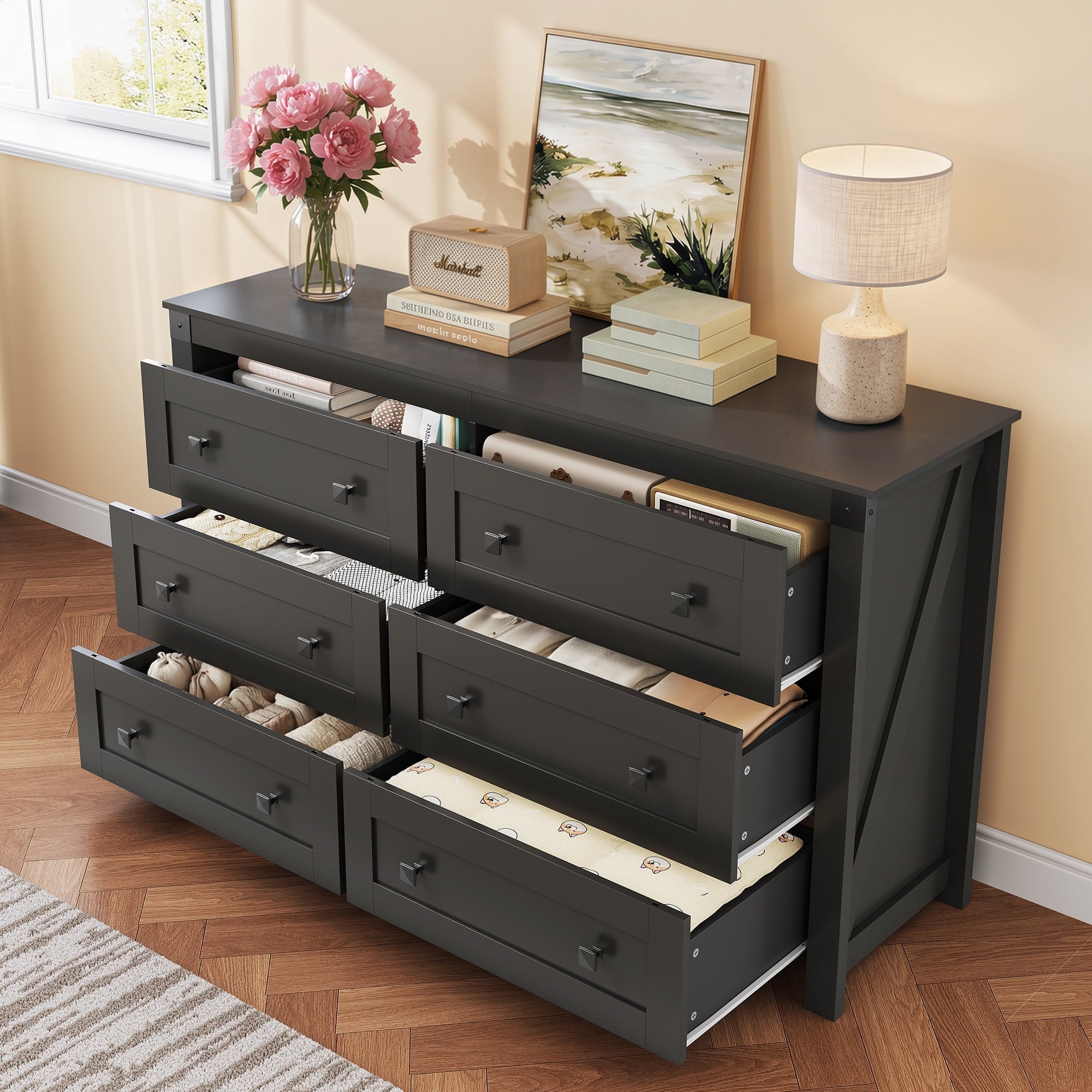 GALAXHERO Farmhouse 6 Drawer Dresser, Wood Dresser with Double Rustic Handles, TV Stand for 60" TV for Living Room, 53.07'' Wide Chest of Drawers for Bedroom, Hallway