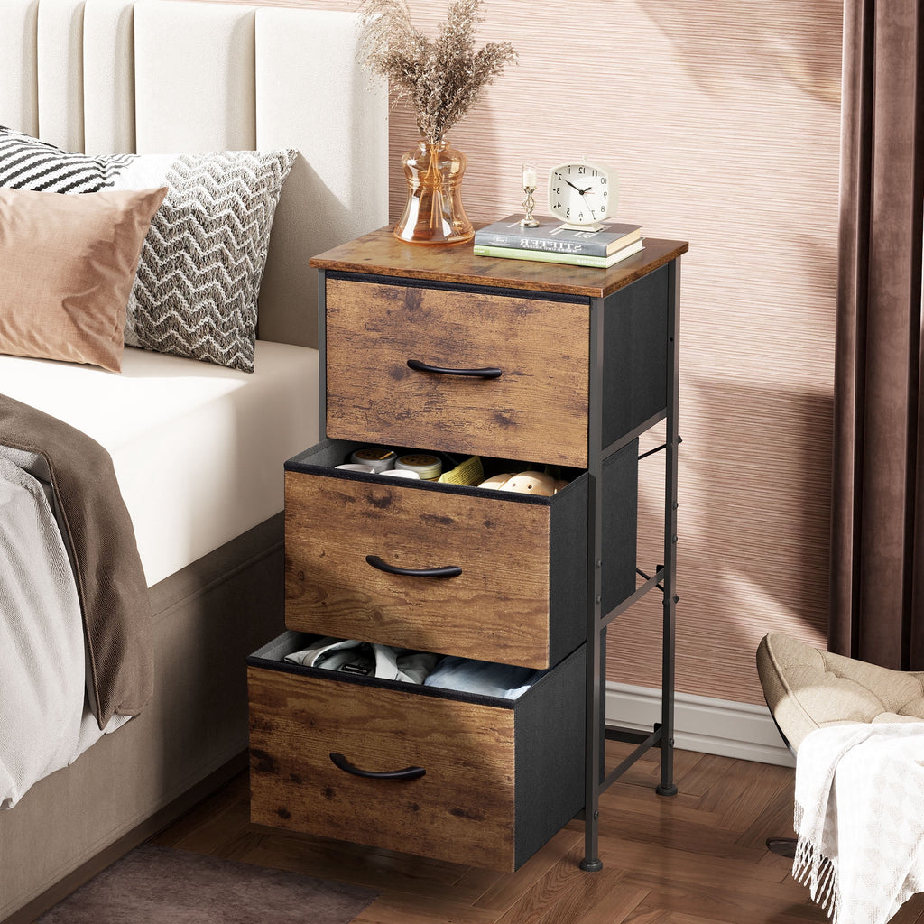 GALAXHERO 3 Drawer Nightstand, Fabric Storage Dresser Sturdy Steel Frame with Wood Top