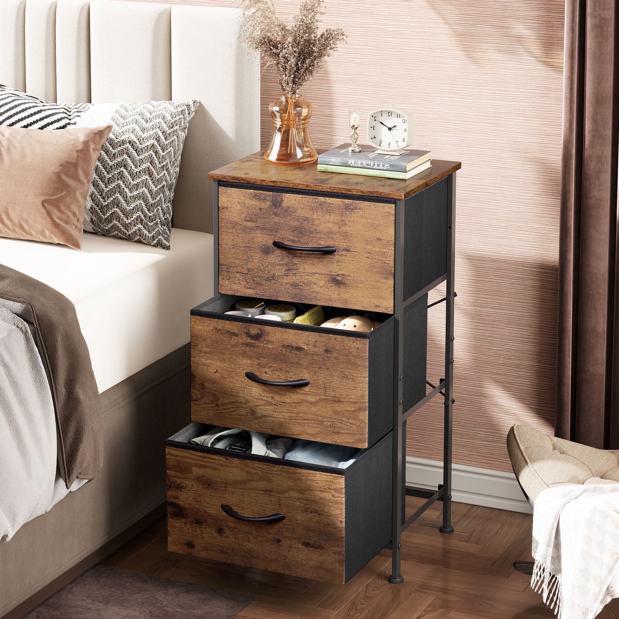 GALAXHERO 3 Drawer Nightstand, Fabric Storage Dresser Sturdy Steel Frame with Wood Top