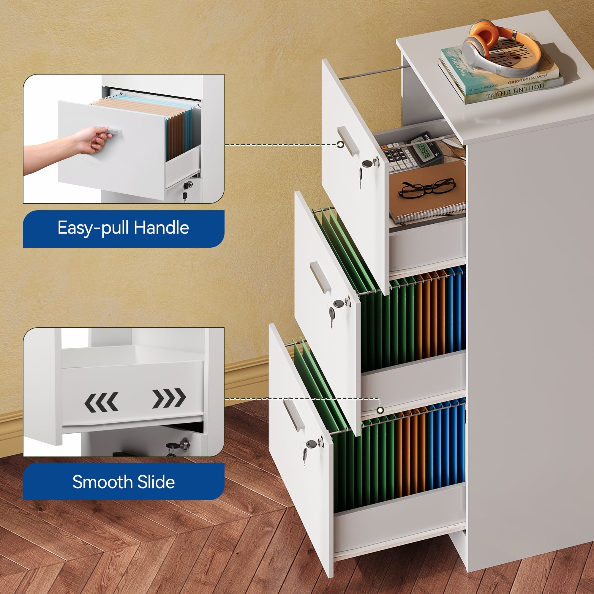 GALAXHERO 3 Drawers File Cabinets, Vertical Filing Cabinet with 3 Locks for Home Office, Wood Office Printer Stand for Letter/A4 Size