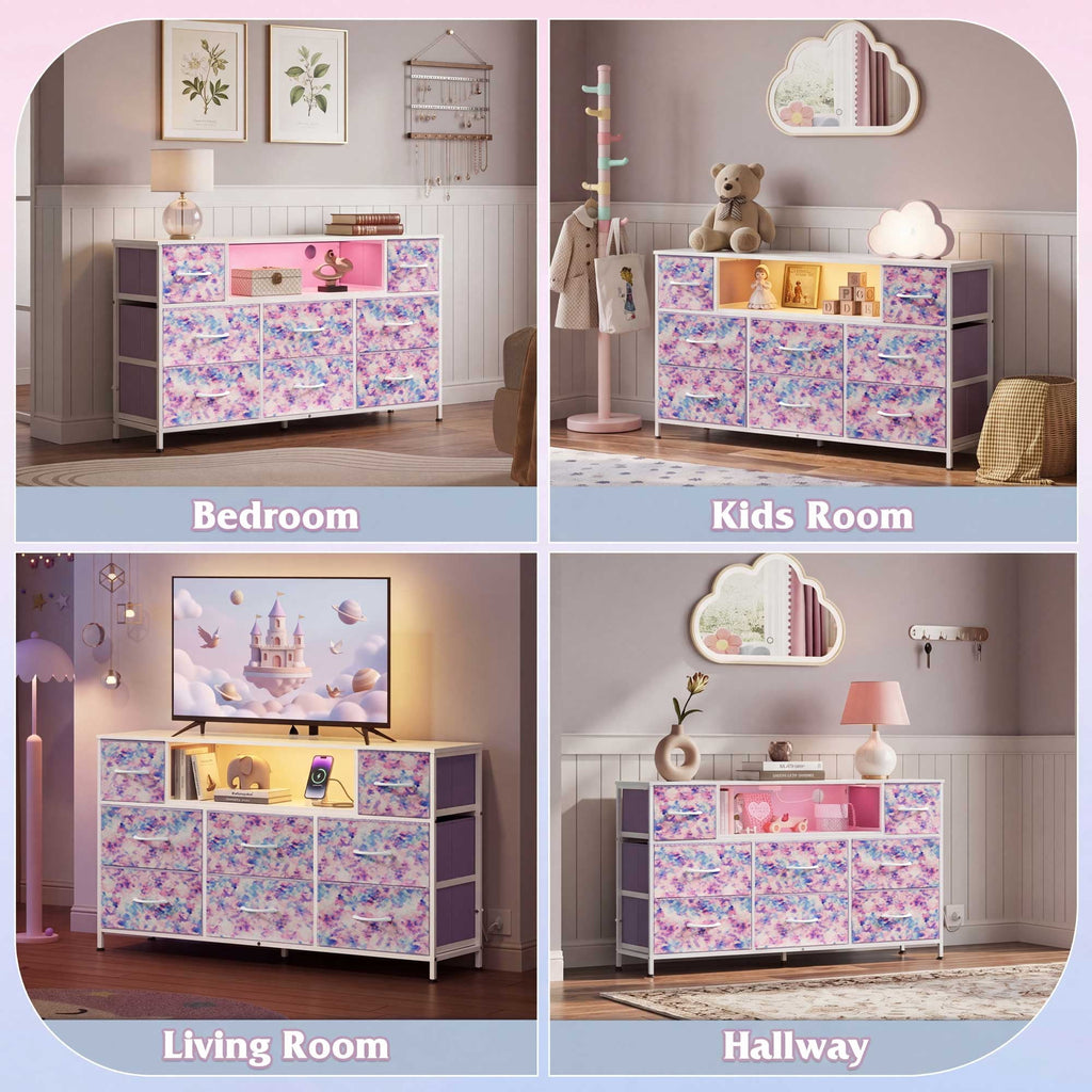 GALAXHERO 8-Drawer Dressers for Bedroom, Dresser TV Stand for 55'' TV with LED Lights and Power Outlets, Fabric Chest of Drawers for Living Room, Entryway