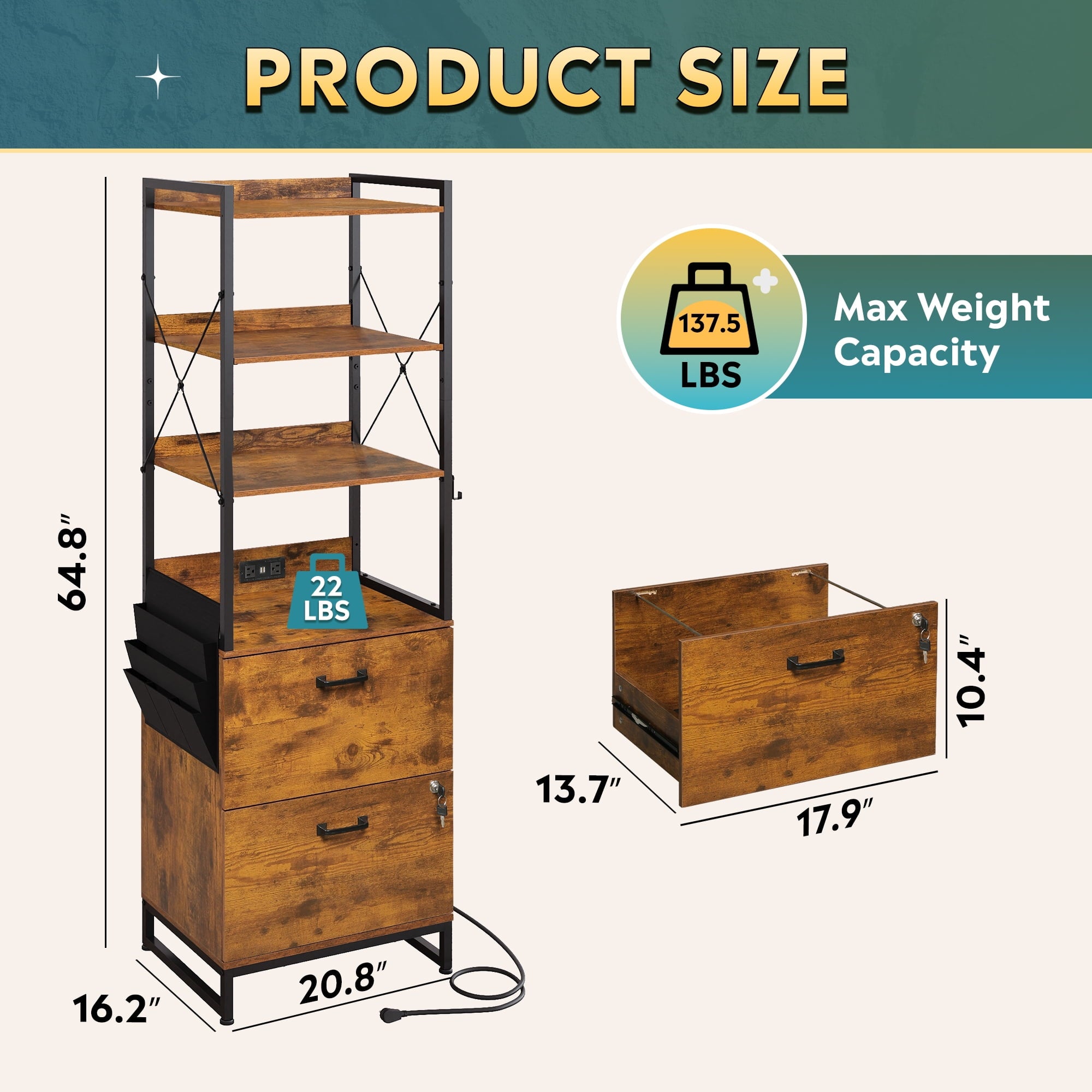 GALAXHERO 2 Drawer File Cabinet with Charging Station, Tall Vertical Filling Cabinet with Lock, Fits Letter/A4/Legal Size, Printer Stand & Adjustable Shelves for Home Office