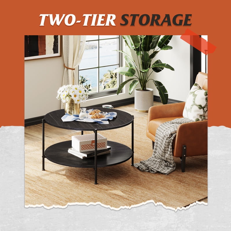 GALAXHERO Round Small Coffee Table 32.6" with Open Storage Shelf 2-Tier Industrial Circle Wood Center Table for Living Room Bedroom