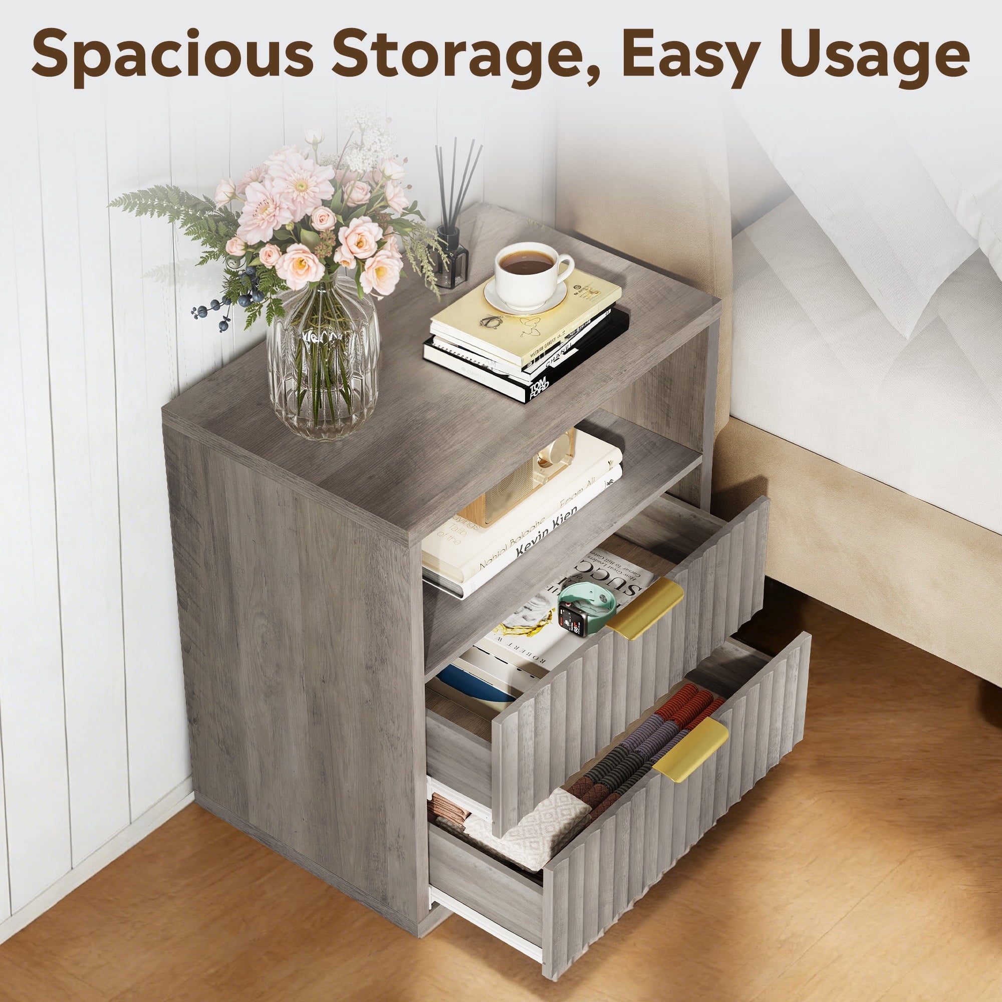 GALAXHERO 2 Drawer Nightstand, Wood Fluted End Table with Open Shelf, Mid Century Modern Bedside Tables for Bedroom, Living Room, Greige