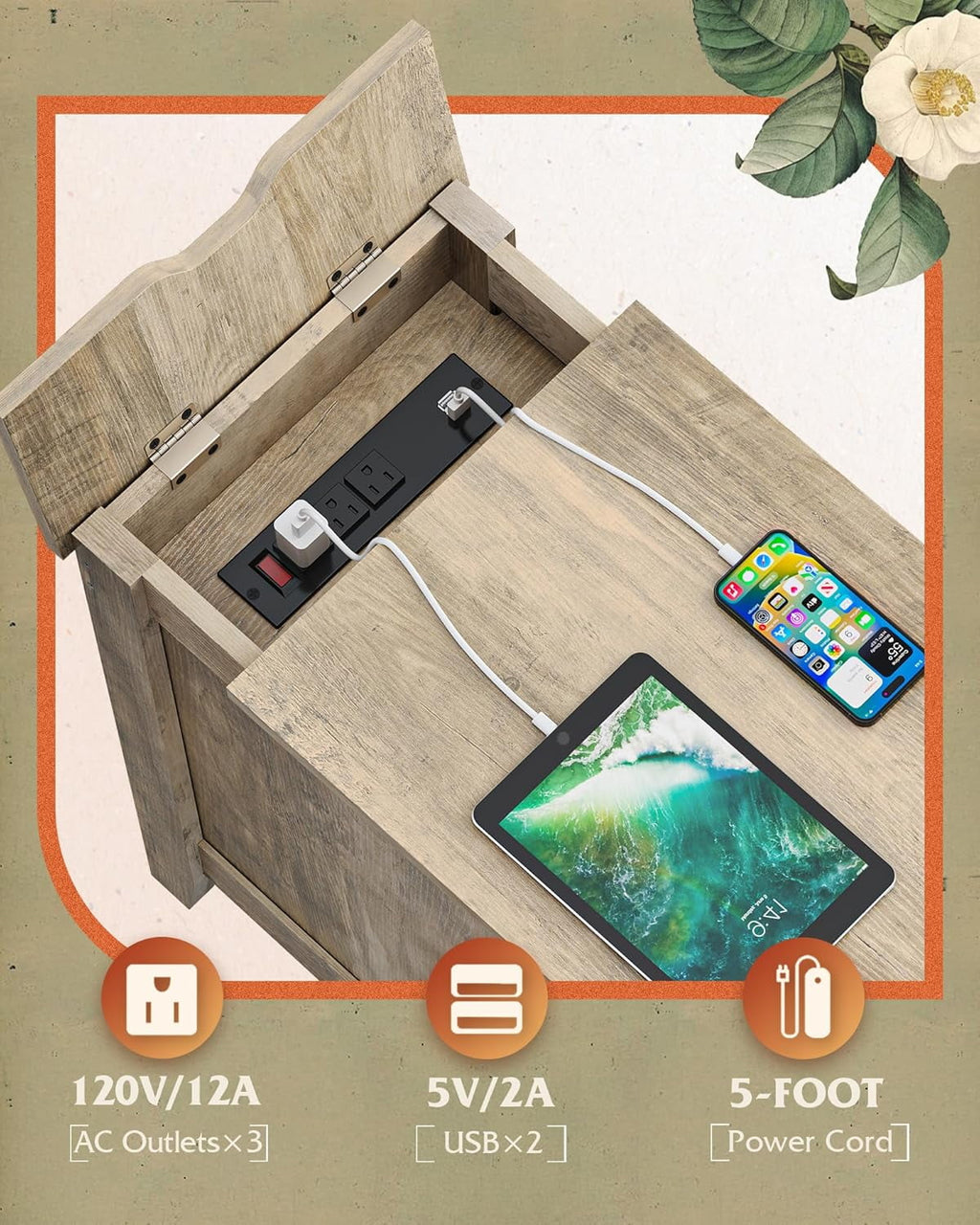 GALAXHERO End Table with Charging Station Narrow Side Table for Living Room with Storage, Small Wooden Cabinet Nightstand with USB Ports and Outlets
