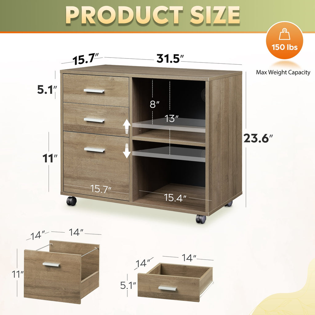 GALAXHERO 3-Drawer Wood File Cabinet, Mobile Lateral Filing Cabinet with Printer Stand and Open Shelves for Home Office