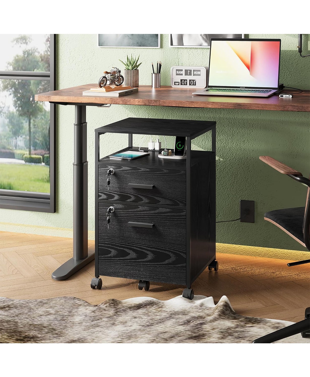 GALAXHERO 2-Drawer Filing Cabinet with Lock and Charging Station, Wood File Cabinet for Letter/A4 Size, Mobile Printer Stand with Open Storage Shelf for Home Office, Black