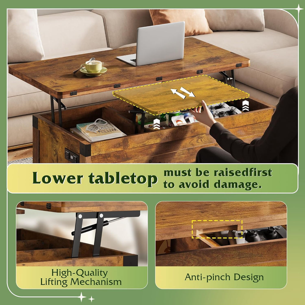GALAXHERO 40" Lift Top Coffee Table with Storage, 4 in 1 Coffee Tables with 2 Fabric Drawers LED Light and USB, Modern Coffee Table with Hidden Compartment for Living Room, Dining Room