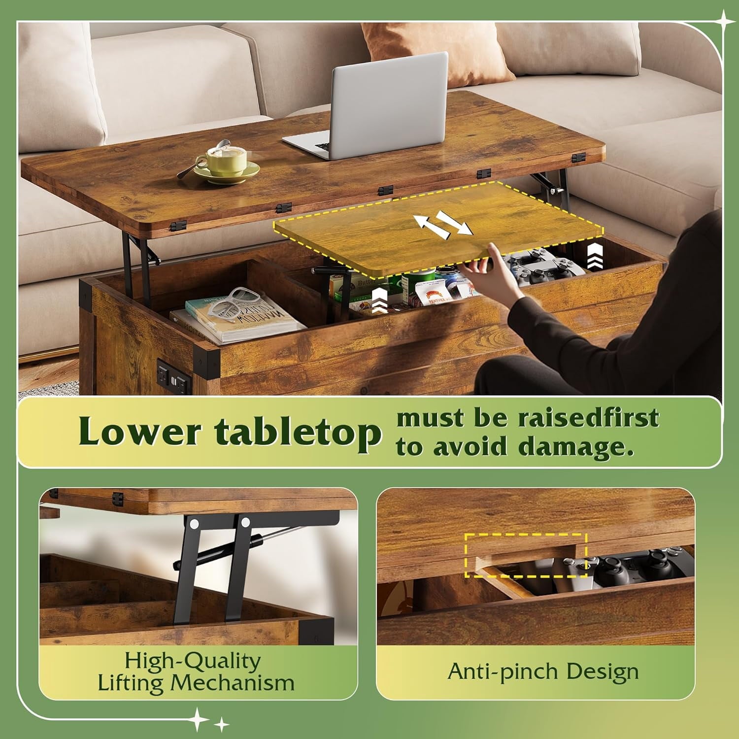 GALAXHERO 40" Lift Top Coffee Table with Storage, 4 in 1 Coffee Tables with 2 Fabric Drawers LED Light and USB, Modern Coffee Table with Hidden Compartment for Living Room, Dining Room