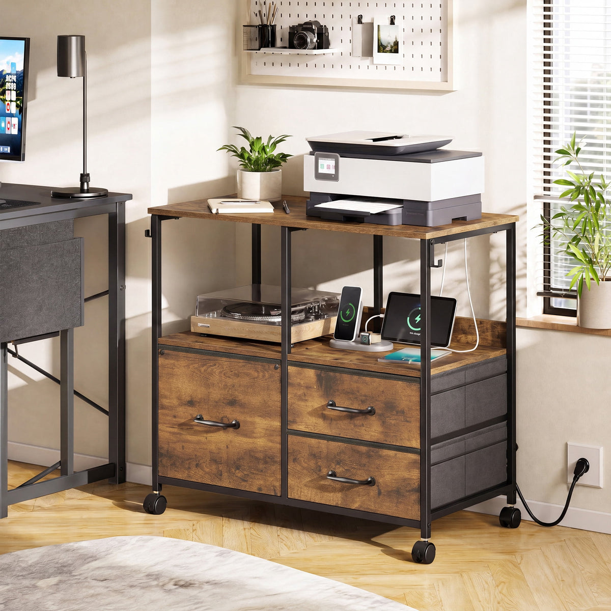 GALAXHERO 3 Drawer File Cabinet with Charging Station, Mobile Printer Stand with Storage Shelves, Filing Cabinet Furniture for Home Office, Fits Letter/A4