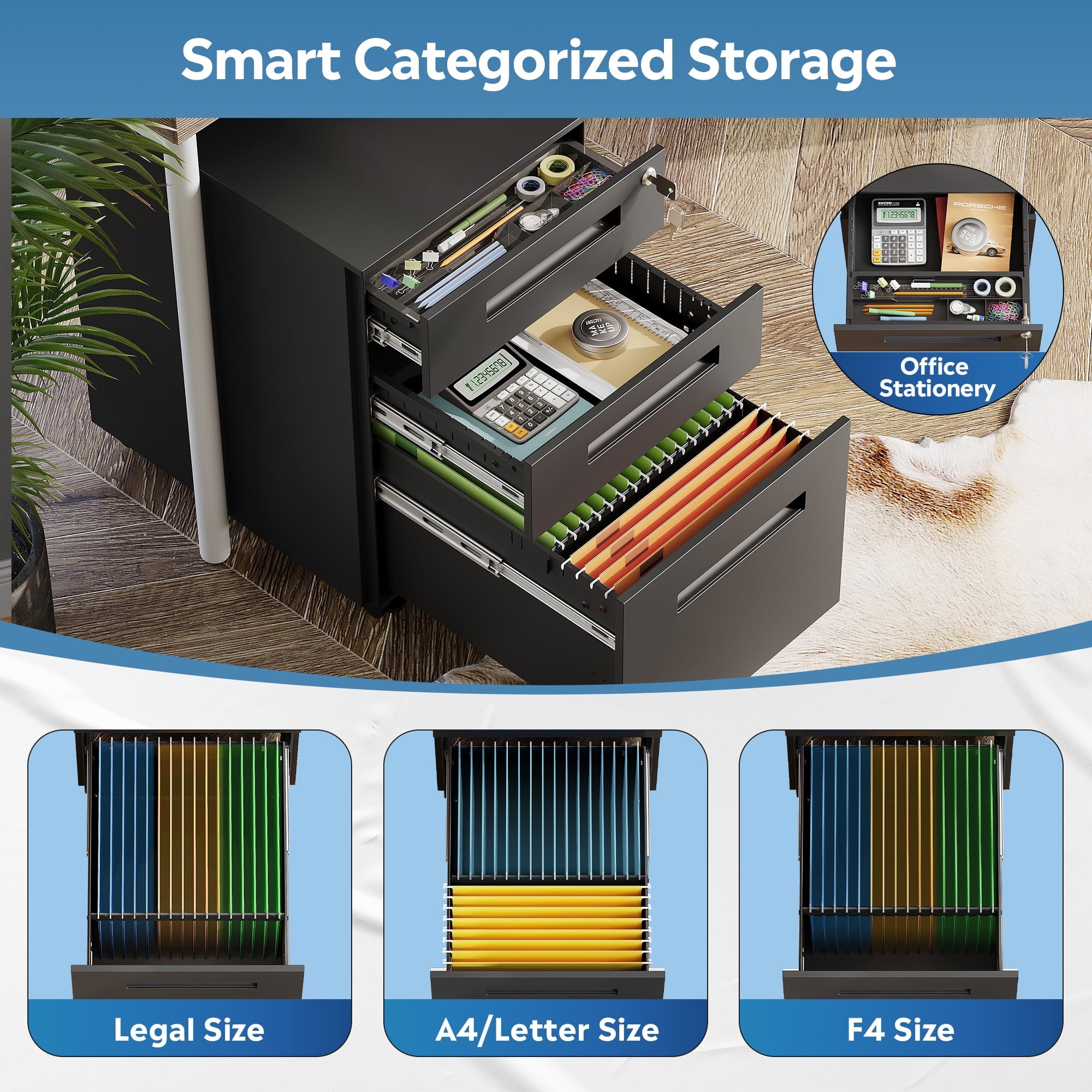 GALAXHERO Small 3-Drawer Mobile Metal File Cabinet (Assembled Except Casters), Under Desk Storage Cabinet with Lock and Key, Fits Letter/Legal/A4 Sizes