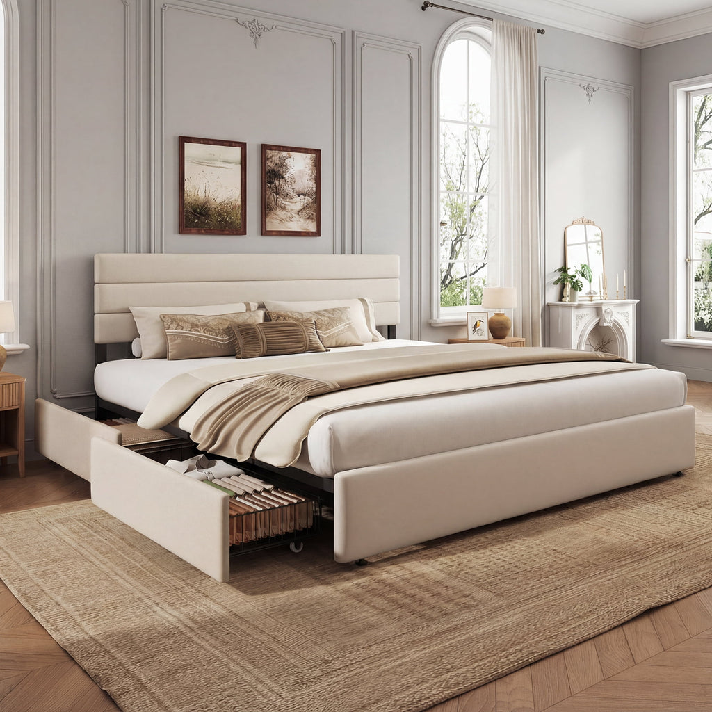 GALAXHERO King Size Upholstered Bed Frame with 4 Storage Drawers and Headboard, Velvet Platform Bedframe, Sturdy Metal & Wooden Slats Support, No Box Spring Needed, Easy Assembly