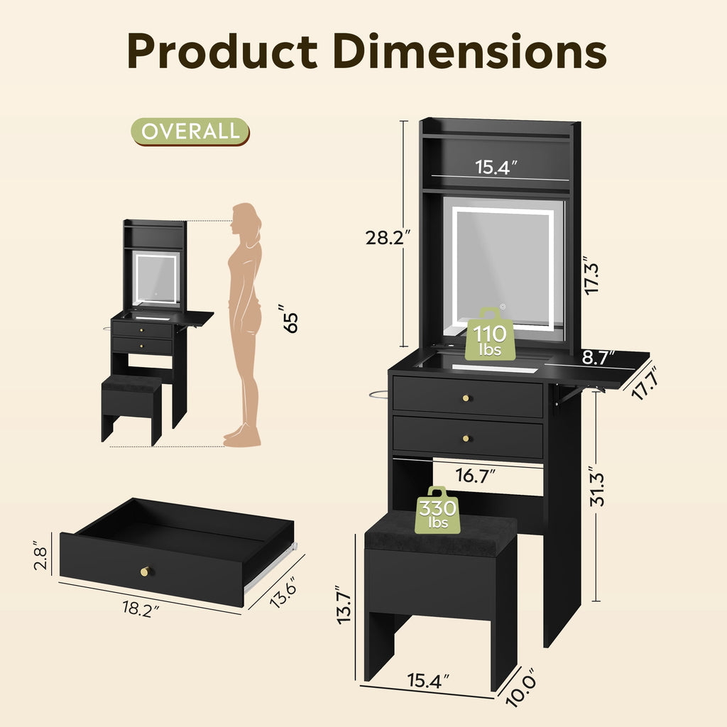 GALAXHERO Vanity Desk with Lighted Mirror and Glass Top, Makeup Vanity Chair with Storage, Fold-up Panel, 2 Drawers Dressing Table for Bedroom