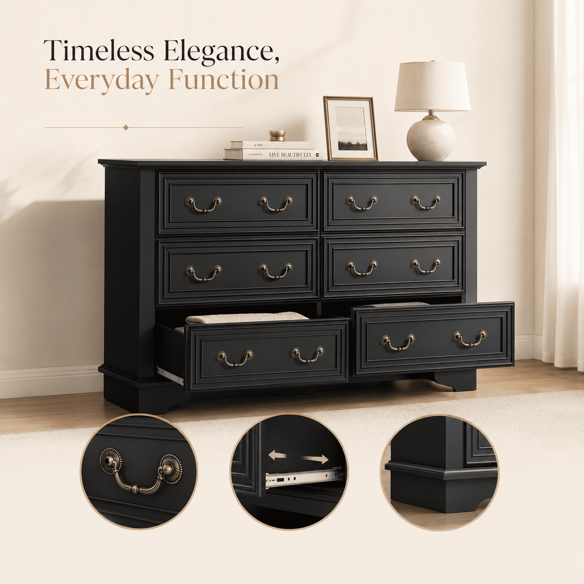 GALAXHERO Farmhouse Wood Dresser for Bedroom, Dresser with 6 Drawers, Chest of Drawers with Roman Metal Handle, TV Stand for 60 inch TV for Living Room, Hallway