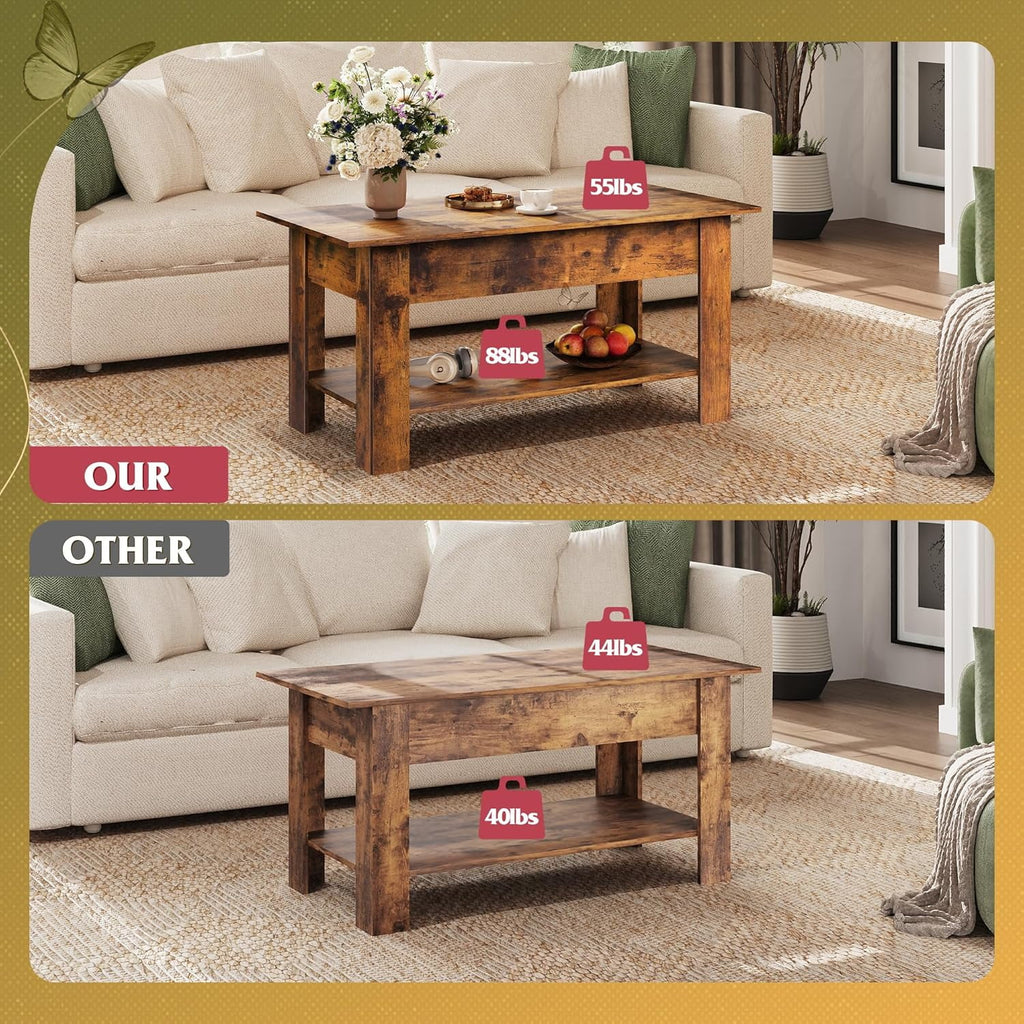 GALAXHERO 39" Lift Top Coffee Table with Storage Shelf & Hidden Compartment and Lifting Top for Home Living Room Office and Reception Room Rustic Brown
