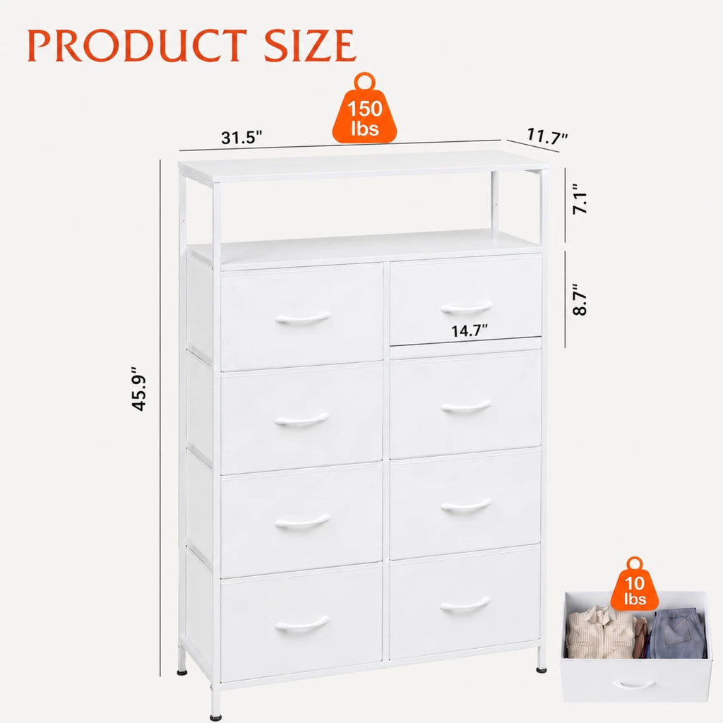 GALAXHERO 8-Drawer Fabric Dresser with Open Shelves, Tall Chest of Drawers with Wooden Top, Storage Tower for Entryway, Bedroom & Closet