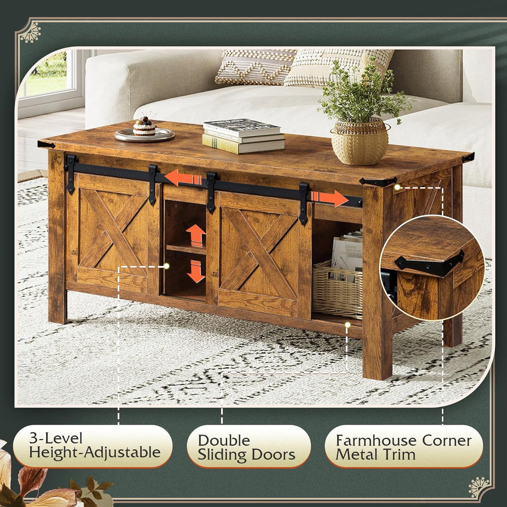 GALAXHERO 47.3" Farmhouse Lift Top Coffee Table with Sliding Barn Doors, Large Hidden Storage Compartment and Adjustable Shelf for Living Room, Office