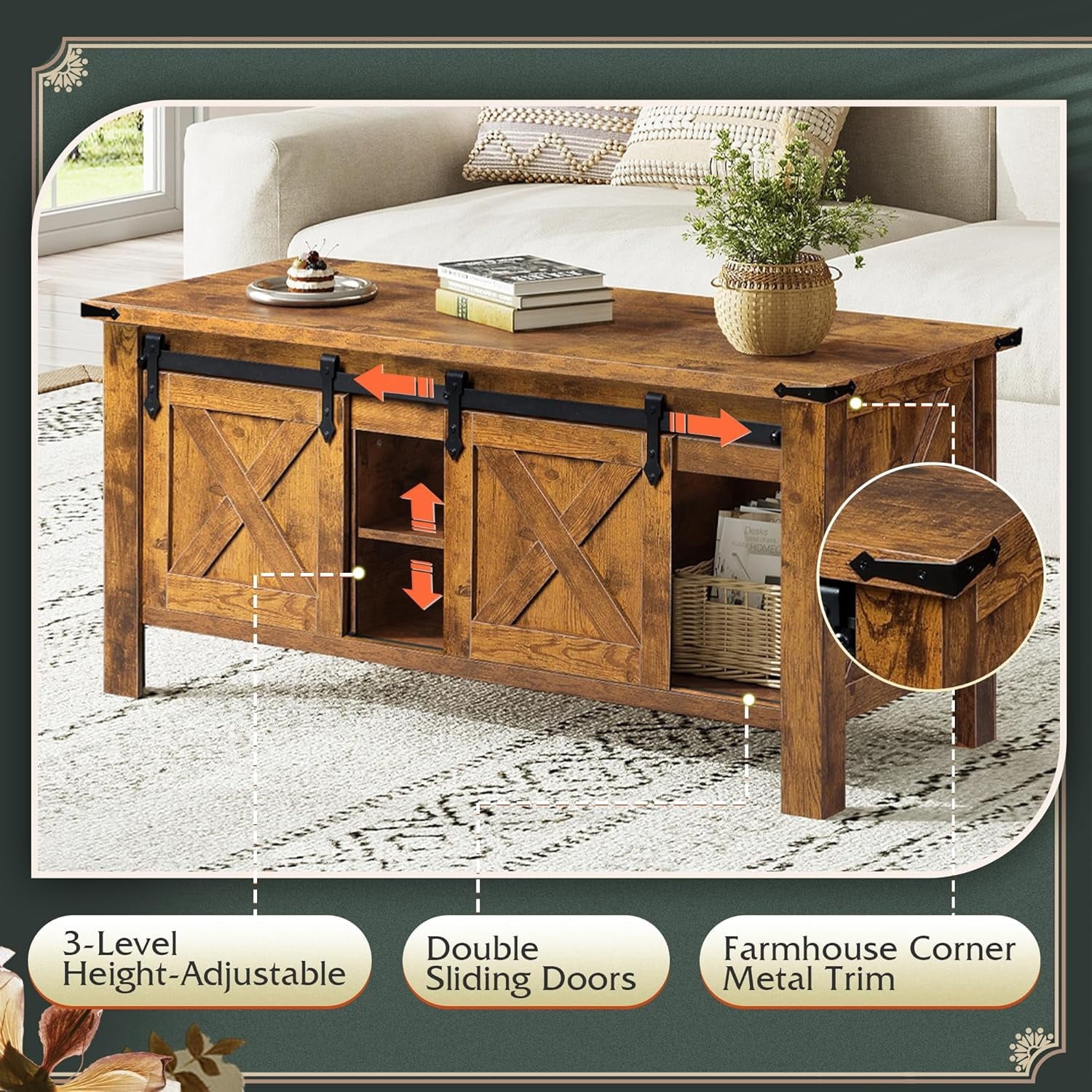 GALAXHERO 47.3" Farmhouse Lift Top Coffee Table with Sliding Barn Doors, Large Hidden Storage Compartment and Adjustable Shelf for Living Room, Office
