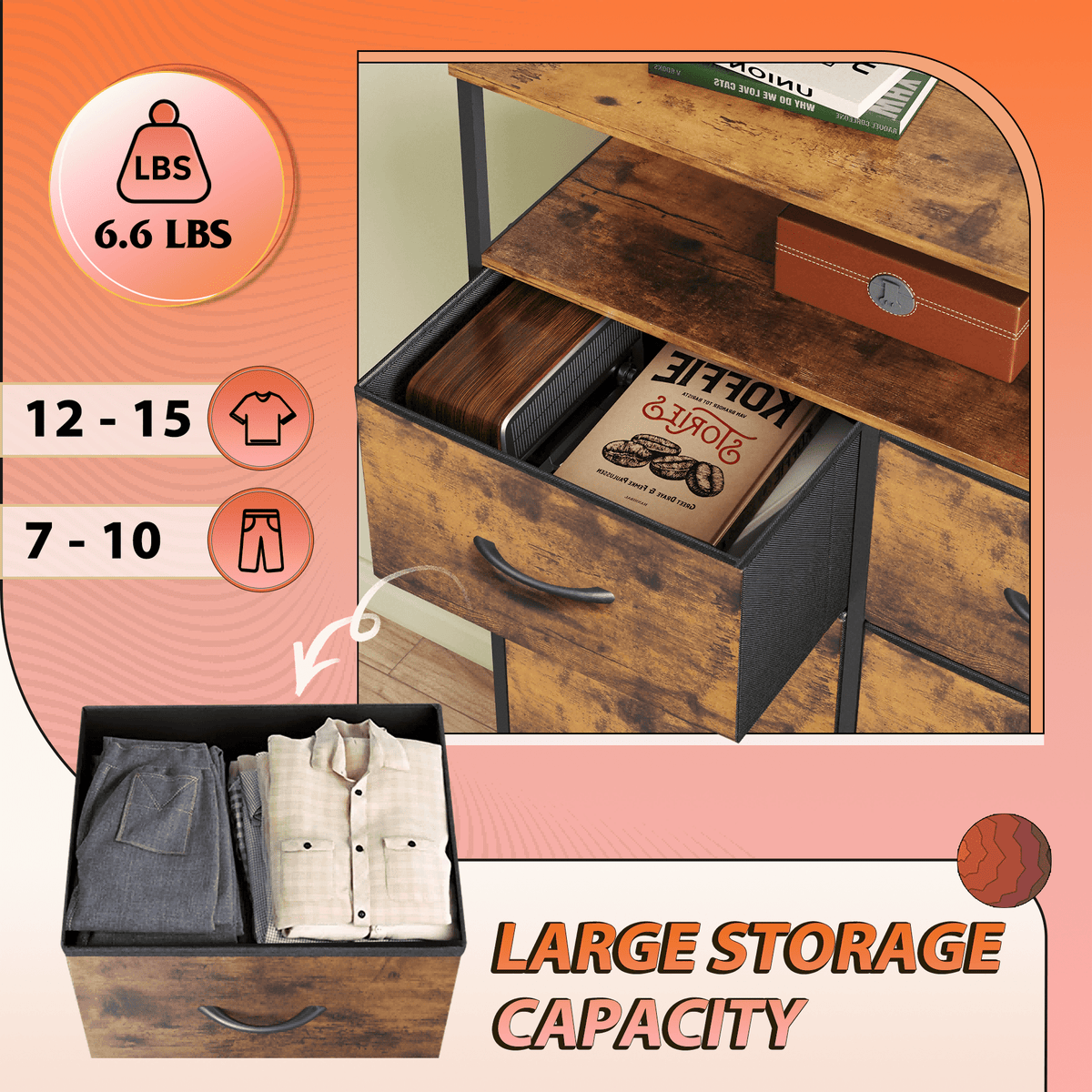GALAXHERO 8 Drawer Dresser for Bedroom, Open Storage Shelves, Wooden Top, Fabric Bins for Closet, Living Room, Hallway
