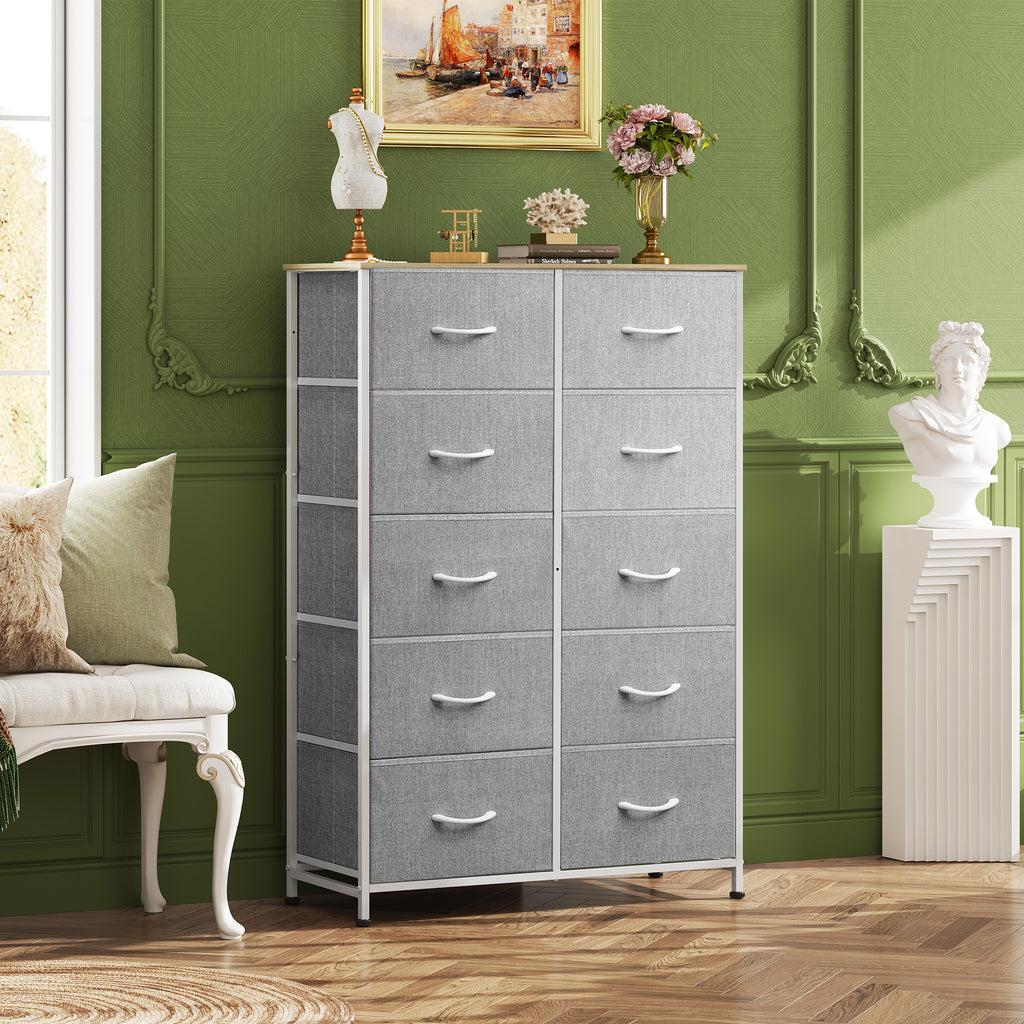 GALAXHERO Tall Dresser 10 Fabric Drawers, Storage Tower with Cabinet, Metal Frame, Wooden Top, Organizer Units for Bedroom, Living Room, Closet, Clothing
