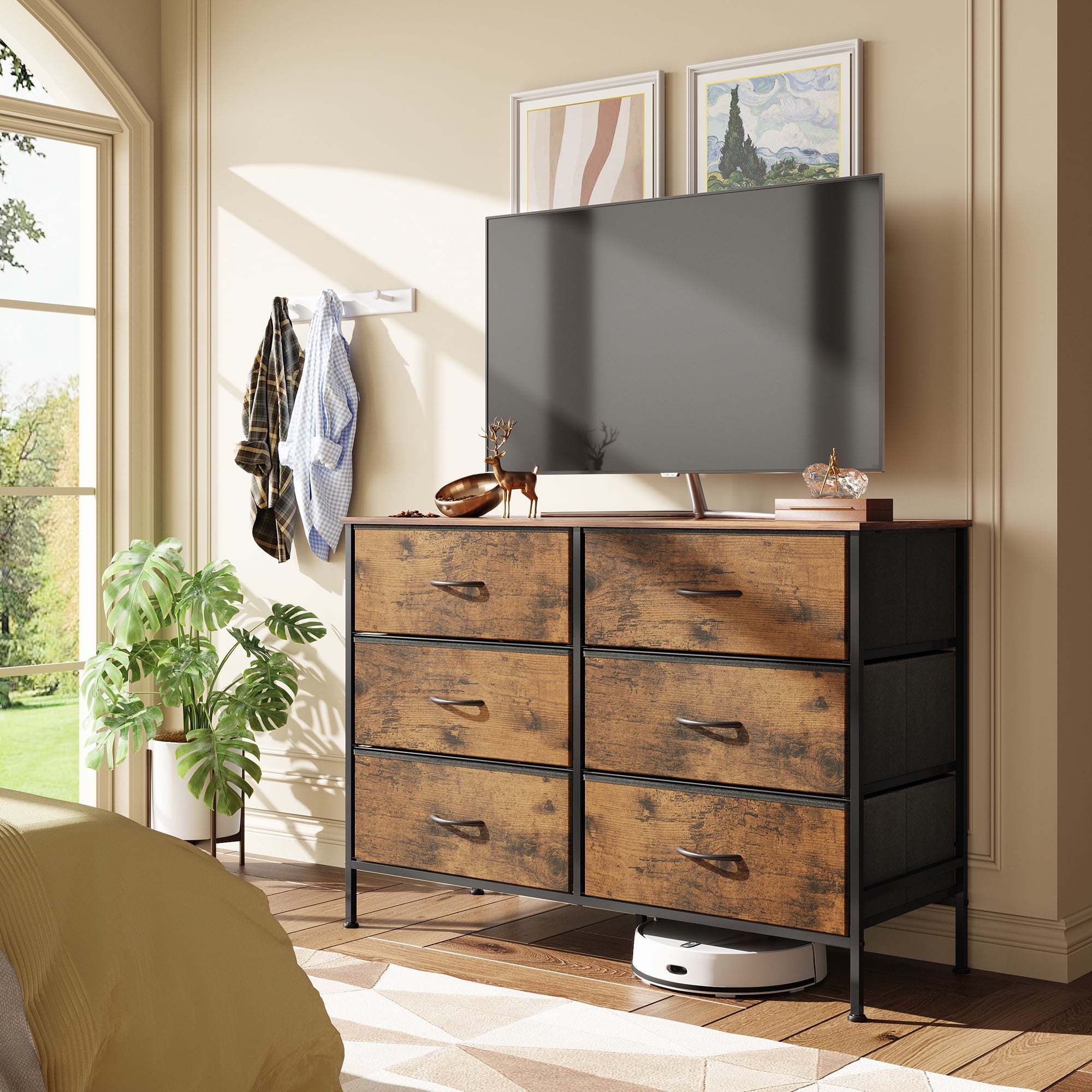 GALAXHERO 6-Drawer Fabric Dresser, 50-Inch TV Stand Wide Chest of Drawers for Bedroom, Closet, Living Room