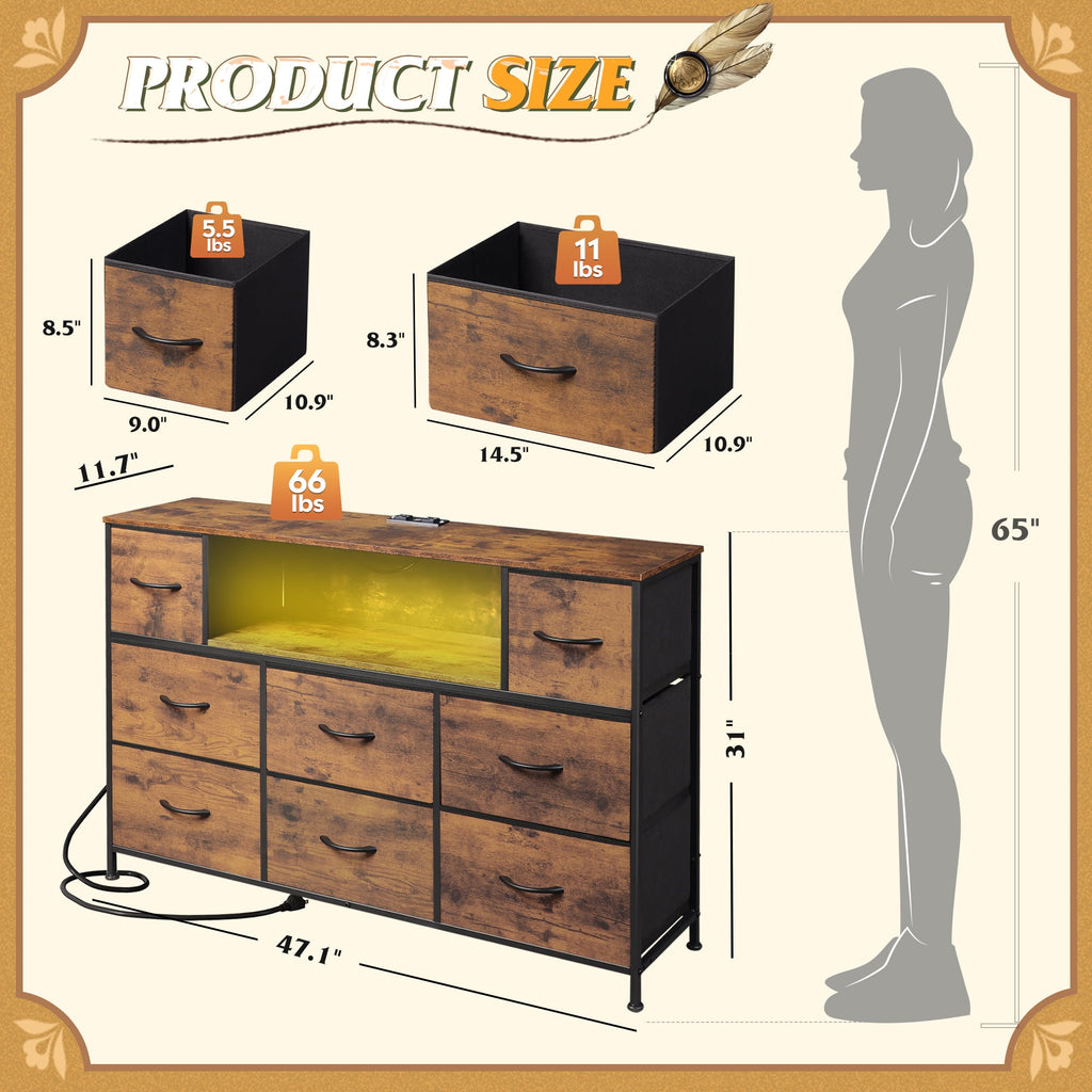 GALAXHERO 8-Drawer Large Dressers for Bedroom, TV Stand for 55'' TV with Charging Station and LED Lights