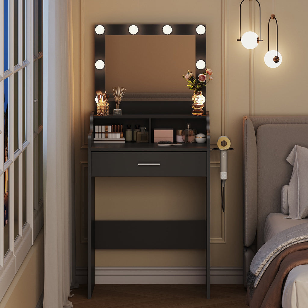 GALAXHERO Small Vanity Desk with Mirror, Makeup Tables with Drawer and Storage Shelves, Girls Dressing Table for Bedroom