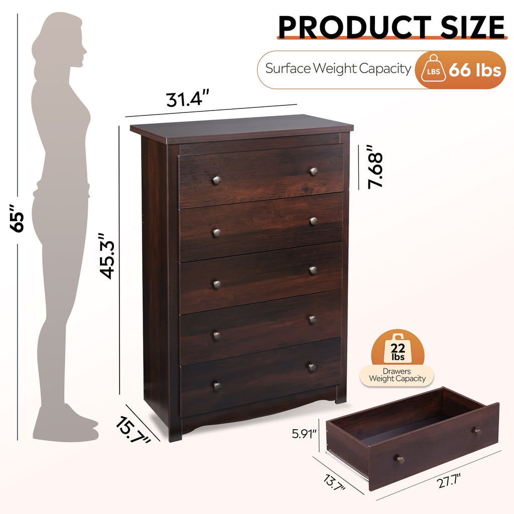GALAXHERO 5 Drawer Dresser for Bedroom, Retro Wood Chest of Drawers, Tall Dresser with Round Metal Handle for Living Room, Hallway, Closet