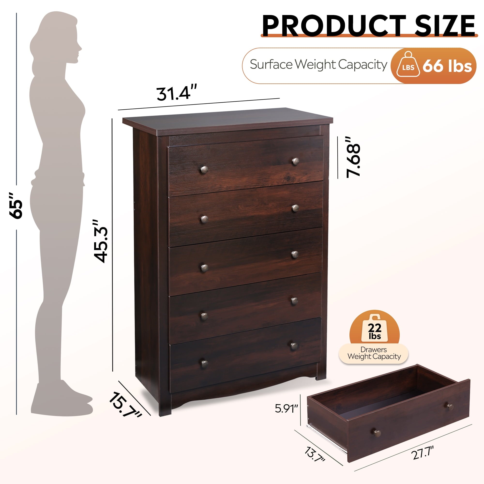 GALAXHERO 5 Drawer Dresser for Bedroom, Retro Wood Chest of Drawers, Tall Dresser with Round Metal Handle for Living Room, Hallway, Closet