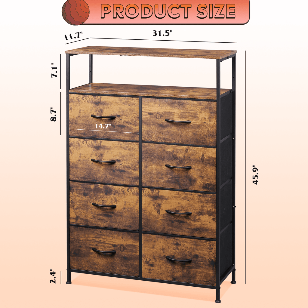 GALAXHERO 8 Drawer Dresser for Bedroom, Open Storage Shelves, Wooden Top, Fabric Bins for Closet, Living Room, Hallway