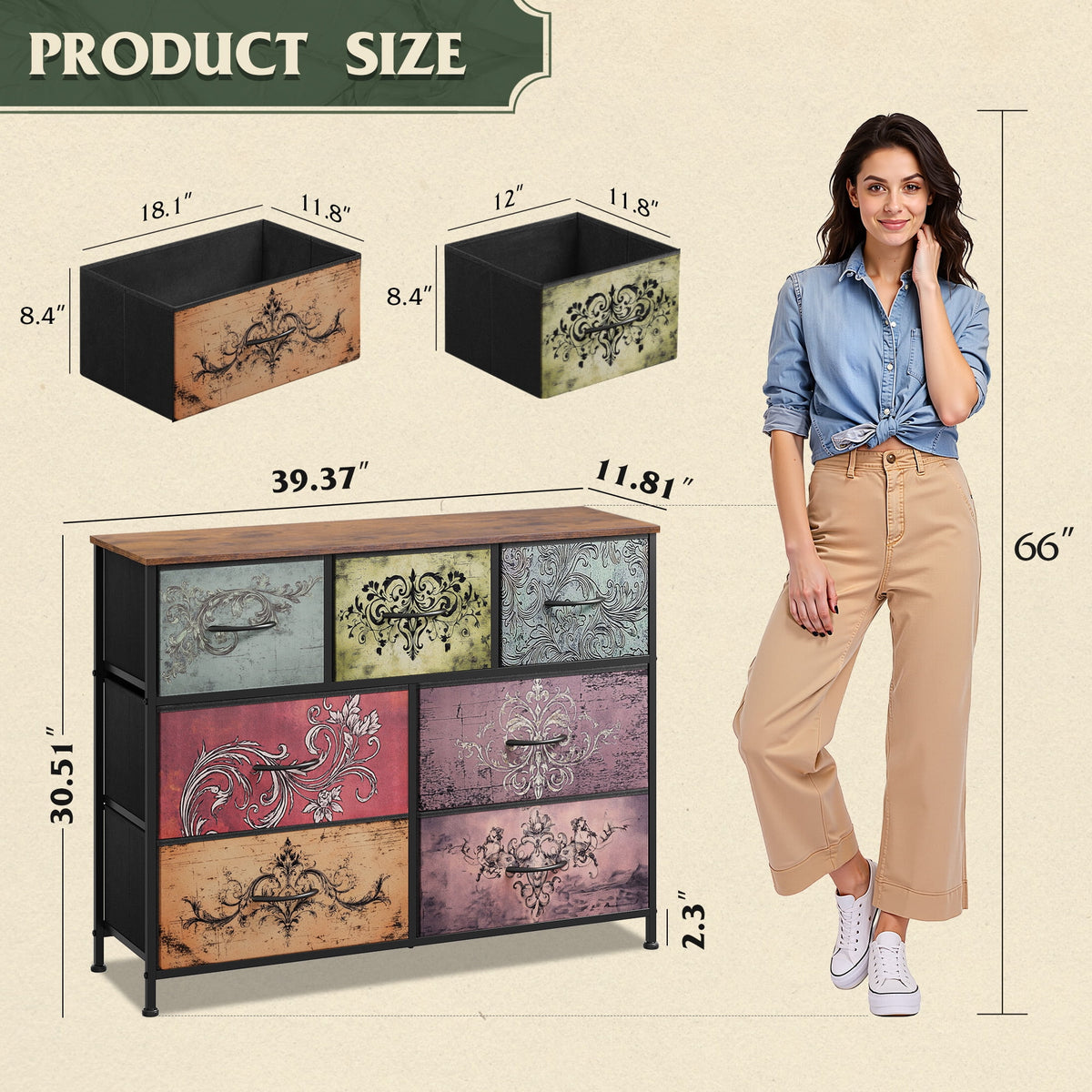 GALAXHERO 7 Drawer Dresser, TV Stands for 45" TV, Chest of Drawers with Fabric Bin for Bedroom, Living Room, Entryway