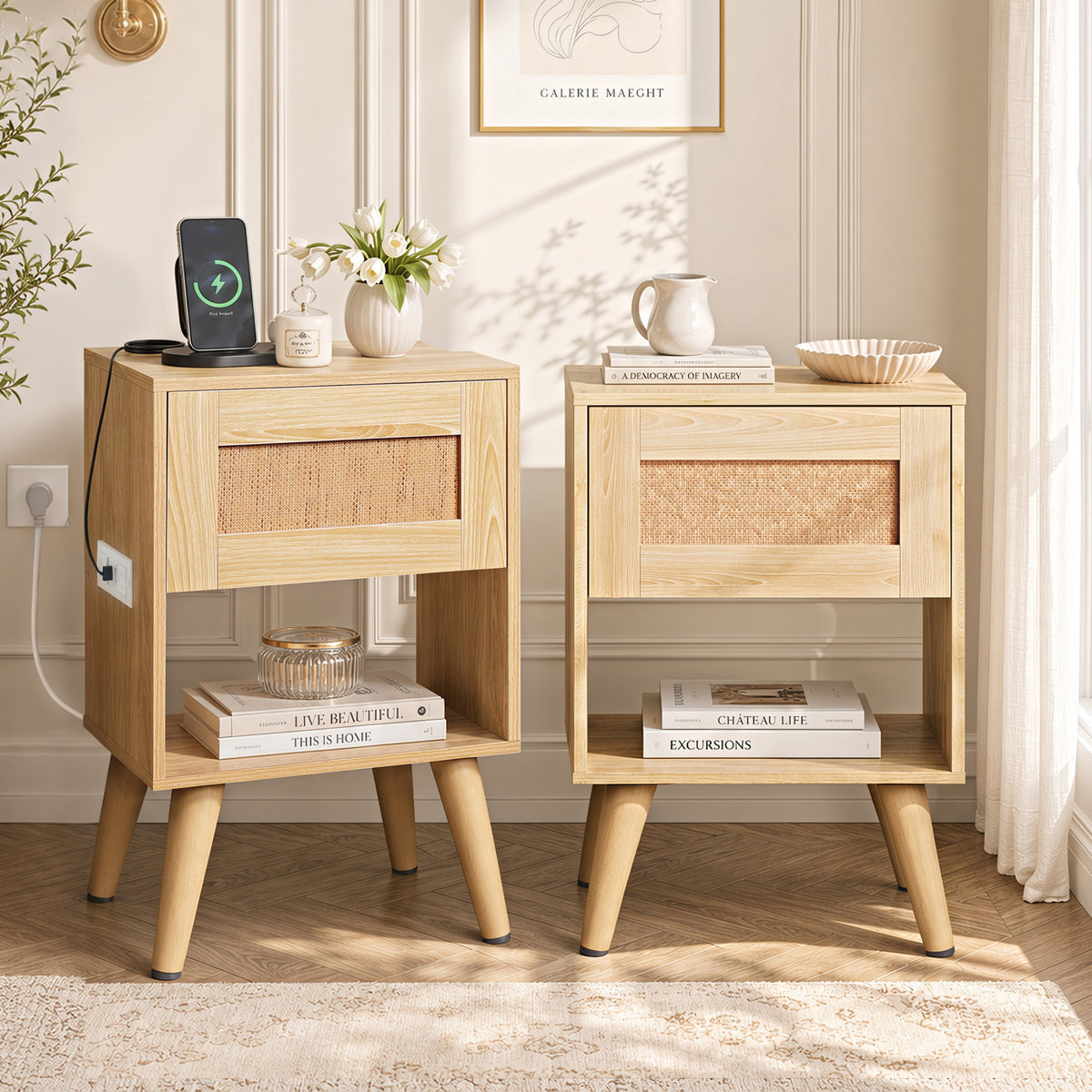 GALAXHERO Nightstand Set of 2 with Charging Station, Boho Rattan Bedside Table with Drawer,End Table With Open Shelf for Bedroom Living Room Dorm