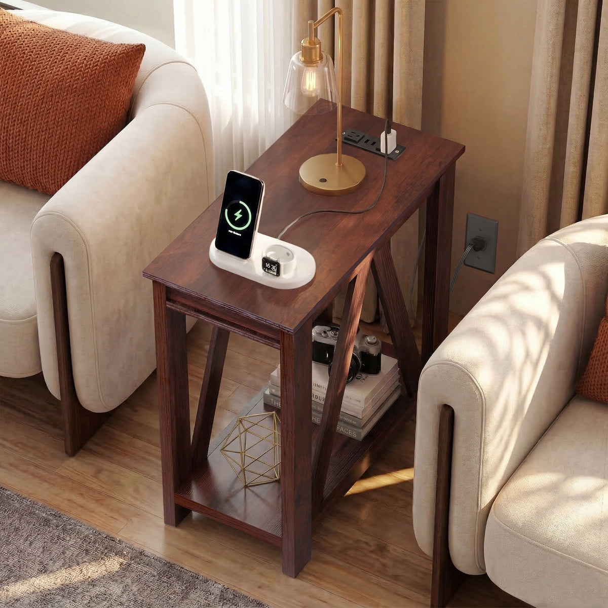 GALAXHERO End Table with Charging Station Slim Side Table with 2 USB Ports and 2 Power Outlets, 2-Tier Nightstand for Small Spaces, Farmhouse End Table for Living Room,Bedroom