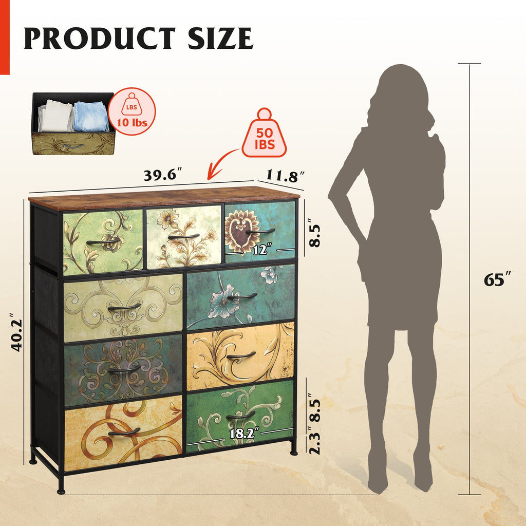 GALAXHERO 9-Drawer Fabric Dresser, Tall Storage Tower for Bedroom, Hallway, Entryway, Closet, Chest Organizer Unit with Fabric Bins, Steel Frame, Wood Top, Wood Grain Print
