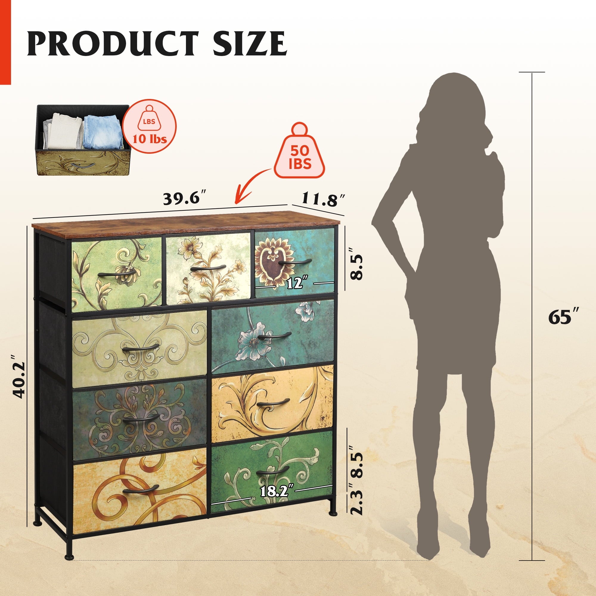 GALAXHERO 9-Drawer Fabric Dresser, Tall Storage Tower for Bedroom, Hallway, Entryway, Closet, Chest Organizer Unit with Fabric Bins, Steel Frame, Wood Top, Wood Grain Print