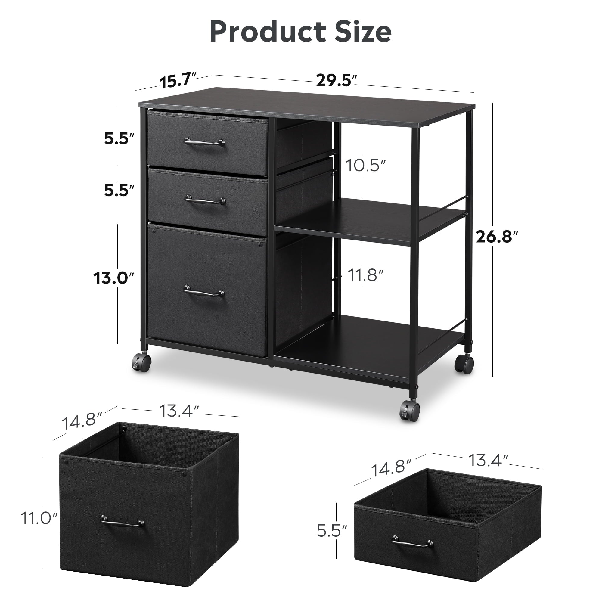 GALAXHERO 3-Drawer Mobile File Cabinet with Storage Shelf, Rolling Fabric Filing Cabinet and Printer Stand, Black