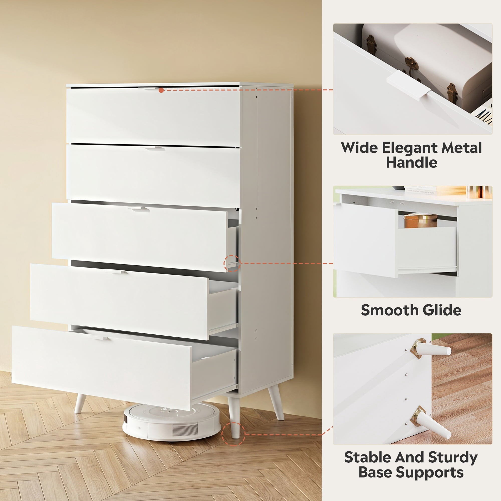GALAXHERO 5 Drawer Dresser for Bedroom, Tall Dresser, Wooden Storage Organizer with Sturdy Metal Handle, Chest of Drawers for Living Room, Hallway, Closet