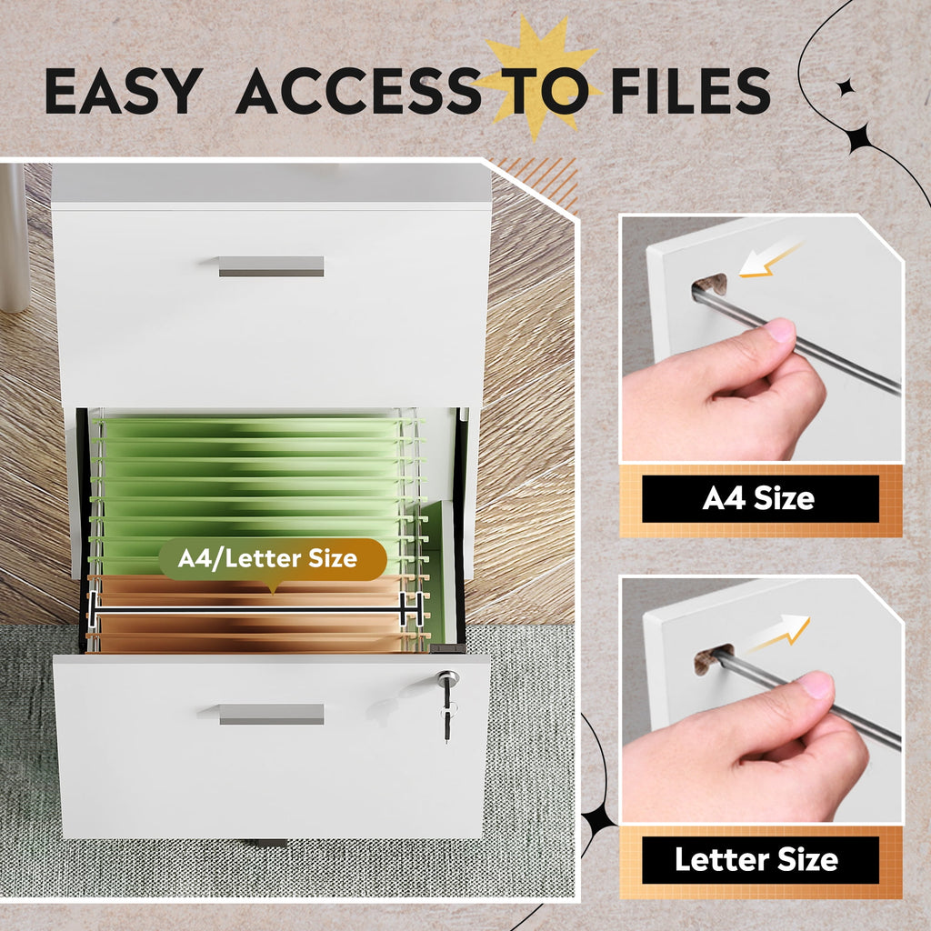 GALAXHERO 2 Drawer File Cabinet with Lock, Wood Printer Stand for Home Office, Mobile Storage Organizer Fit Letter/A4 Size, White