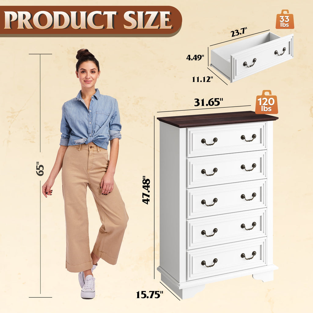 GALAXHERO Farmhouse 5 Drawers Dresser for Bedroom, Tall Wood Dresser with Roman Metal Handle, Chest of Drawers for Living Room, Hallway, Closet