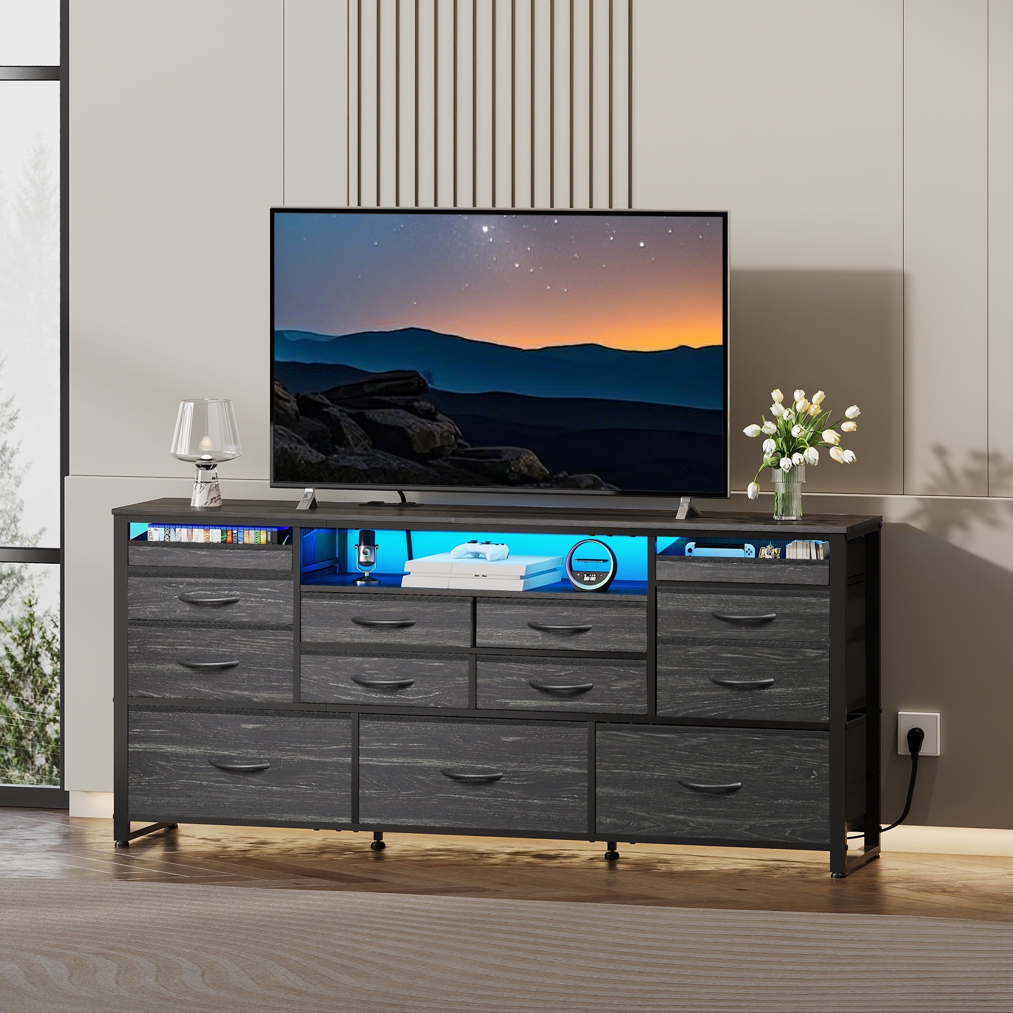 GALAXHERO 13 Drawers Dresser for Bedroom, TV Stand for 65'' TV with LED Lights, Entertainment Center with Charging Station, Fabric Chest of Drawers for Living Room, Entryway
