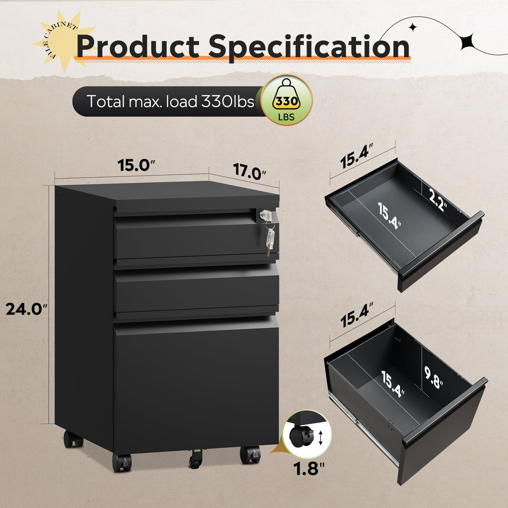 GALAXHERO File Cabinet 3 Drawer, Metal Filing Cabinet on Wheels for Home Office, Under Desk Storage with Lock, Fits Letter/A4/Legal Size, Black