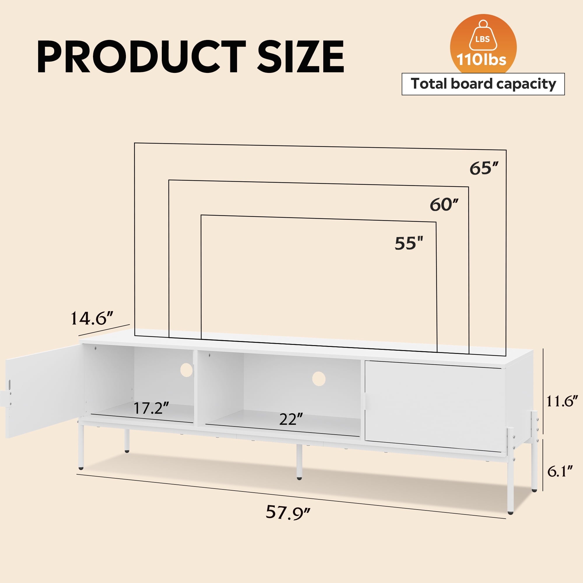 GALAXHERO TV Stand Modern Entertainment Center with Storage Cabinets and Metal Legs for Bedroom and Living Room, TV Console, 65 Inch