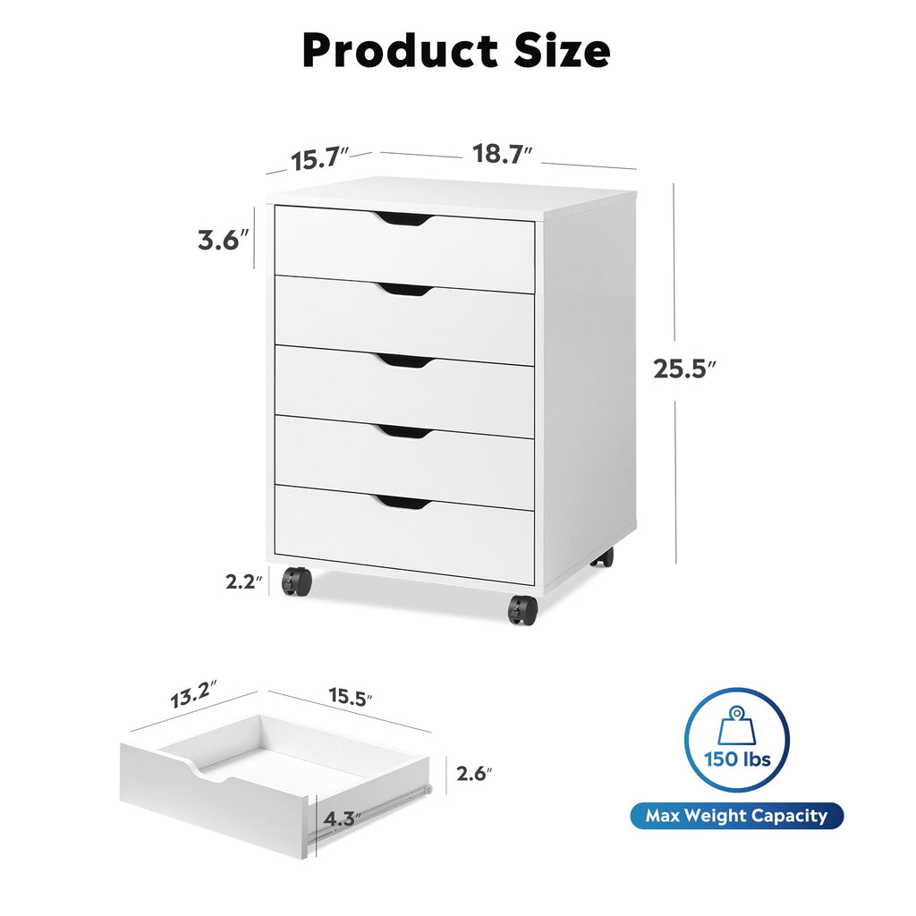 GALAXHERO 5 Drawer File Cabinet, Small Rolling Office Cabinet with Drawers & Wheels, Wood Storage Cabinet for Home Office