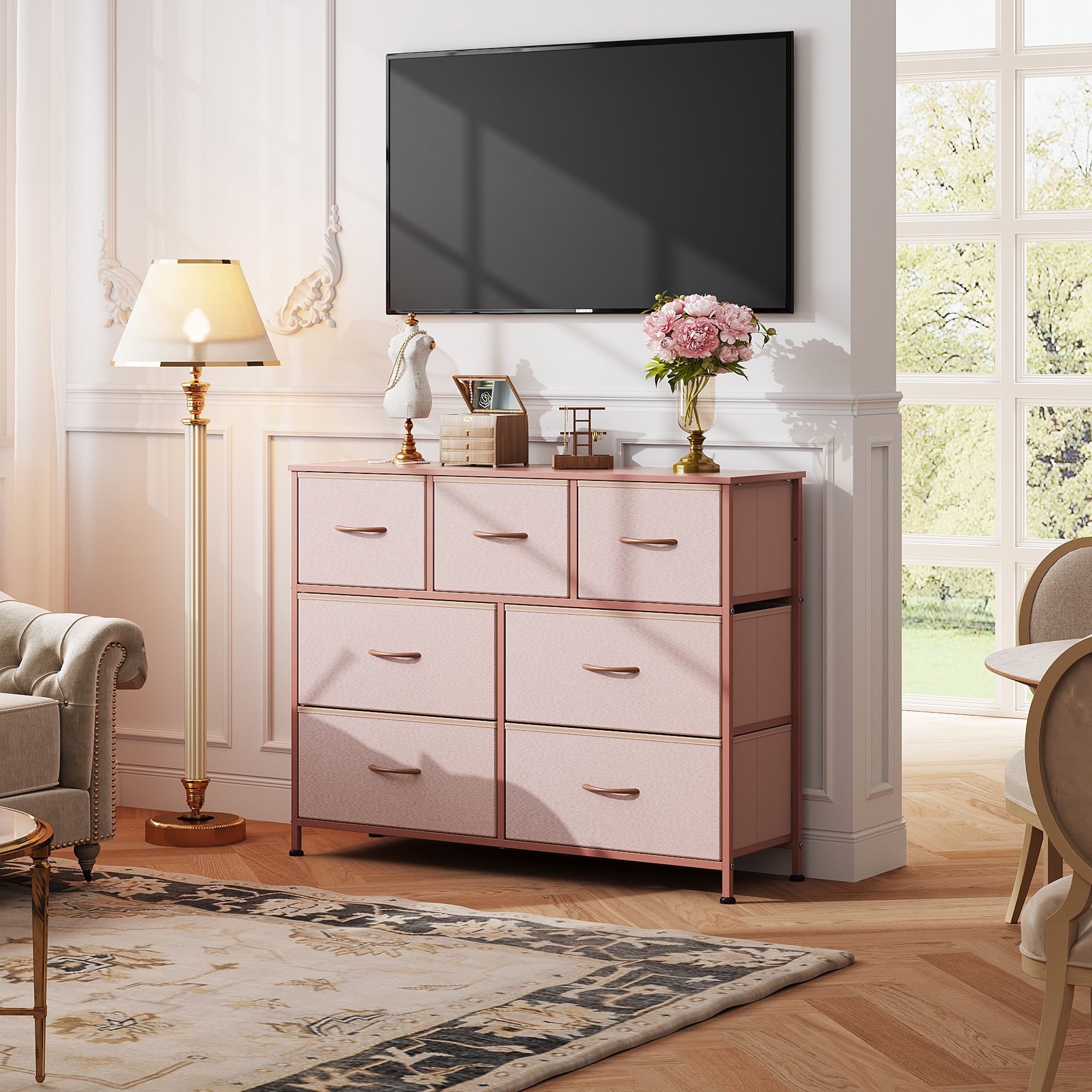 GALAXHERO 7 Drawer Dresser, TV Stands for 45" TV, Chest of Drawers with Fabric Bin for Bedroom, Living Room, Entryway
