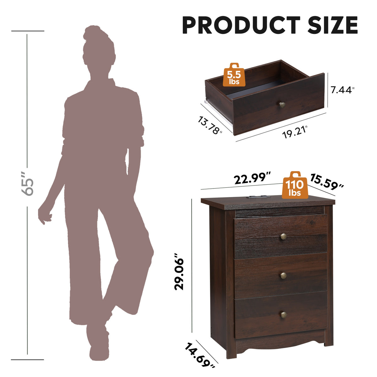 GALAXHERO Nightstand with Charging Station, 3-Drawer Tall Wood Bedside Table & End Table for Bedroom Living Room Dorm