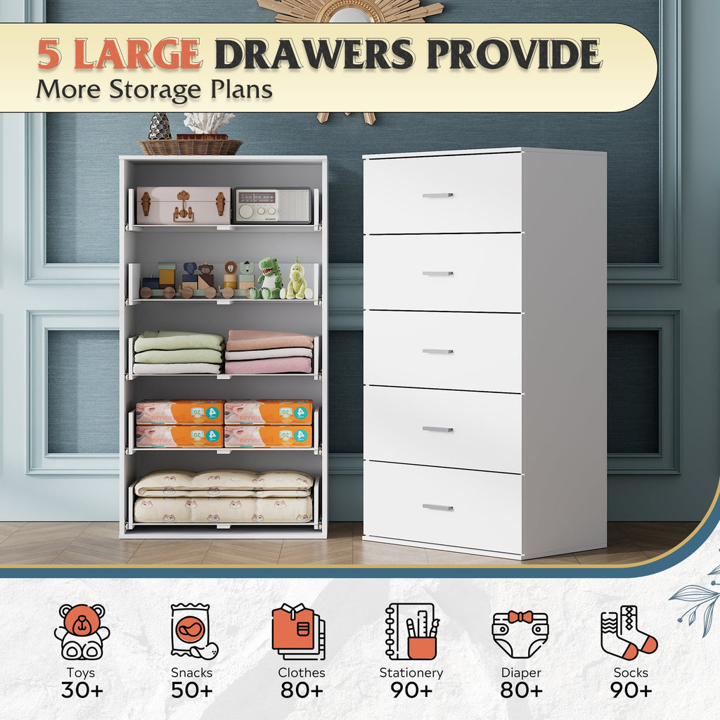 GALAXHERO 5 Drawers Dresser, Chest of Drawers for Bedroom, Tall Wood Storage Cabinet with Metal Handle for Living Room, Closet, Hallway, White